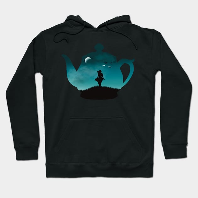 Freedom in a Cup | Tea Kettle Woman Silhouette Under The Moon Hoodie by SkullFern